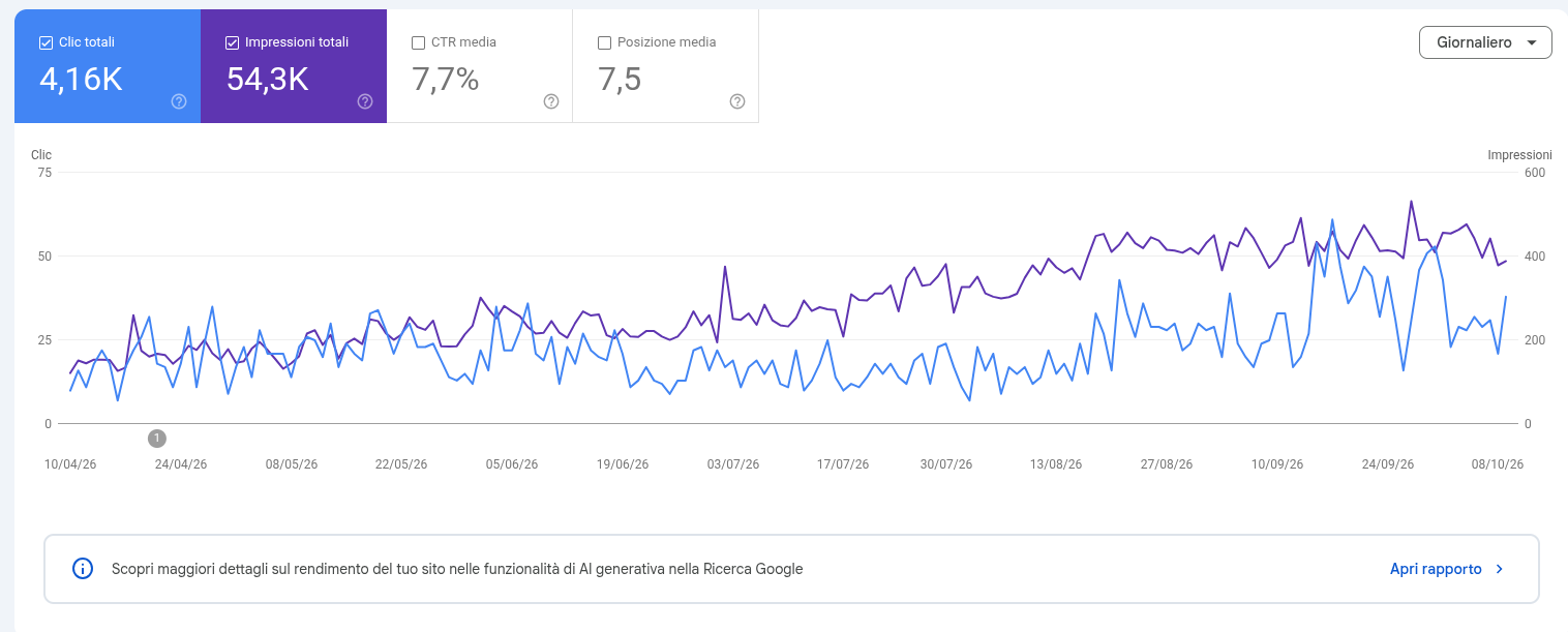 Grafico Search Console di crescita del traffico organico e dei click in 6 mesi per e-commerce nella nicchia della pesca
