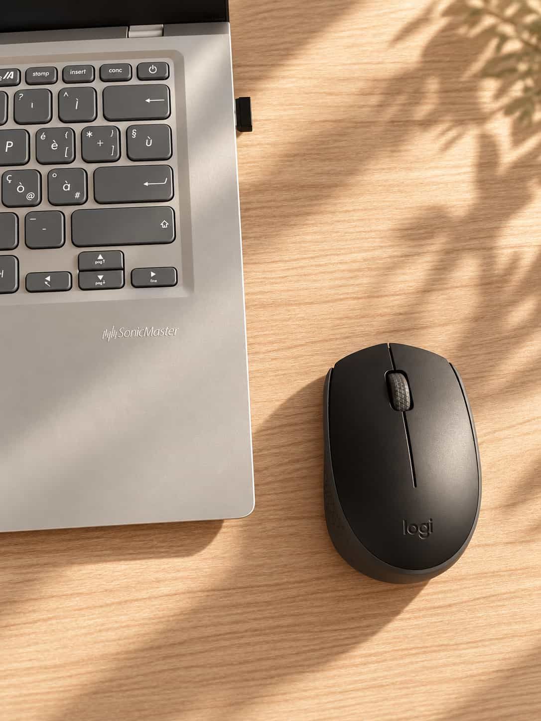 Tastiera del portatile e mouse sulla scrivania di Melissa illuminata dal sole