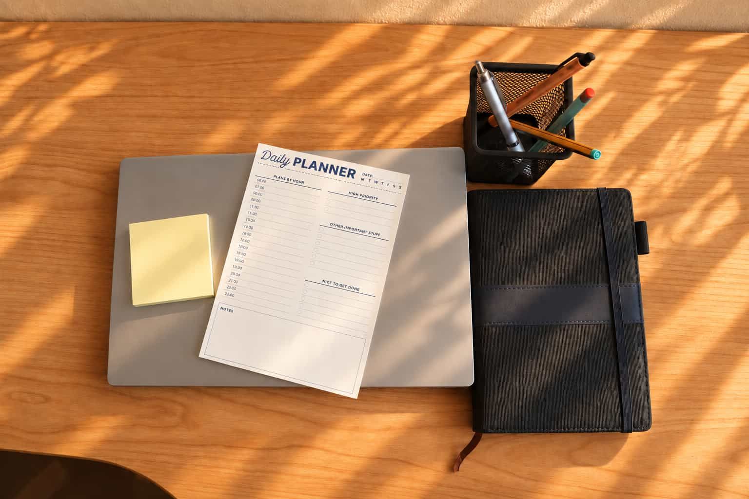 Scrivania di lavoro con planner giornaliero, post-it e agenda per organizzare piano editoriale e strategia di newsletter